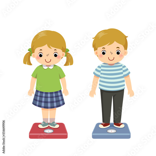 Vector illustration cute cartoon kids checking their weight on the scales.