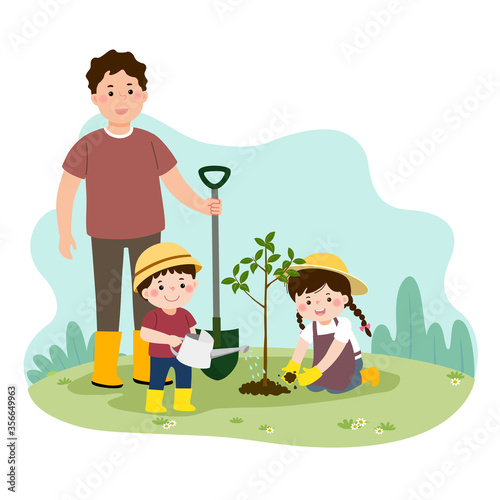 Vector illustration of a cartoon happy children helping their father planting the young tree. Family enjoying time at home concept.