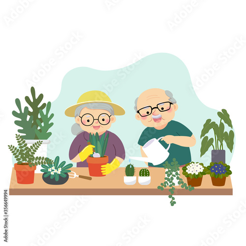 Vector illustration of a cartoon happy elderly couple gardening and watering plants at home. Family enjoying time at home concept.