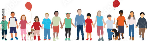 Group of multiethnic children walk together holding hands peacefully vector background