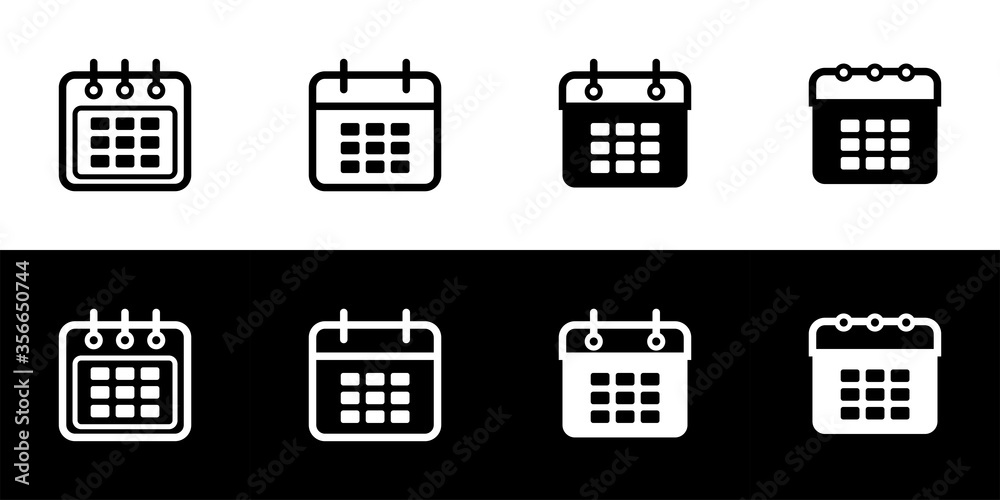Calendar icon set. Flat design symbol collection isolated on black and white background. Date, schedule, and agenda. Calendar icon set. Flat design symbol collection isolated on black and white background. Date, schedule, and agenda.