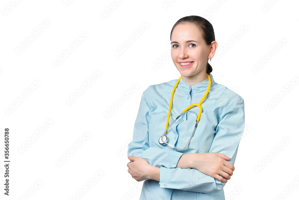 Doctor woman in a blue coat and with a stethoscope on a white background. Isolated. Doctor woman in a blue coat and with a stethoscope on a white background. Isolated.