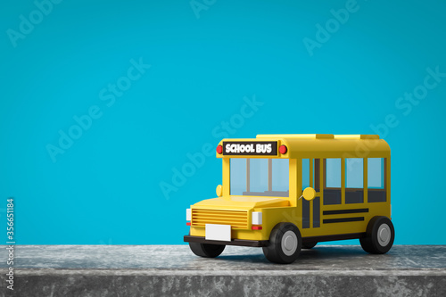 Yellow school bus on blue background with back to school concept. Classic school bus automobile. 3D rendering.