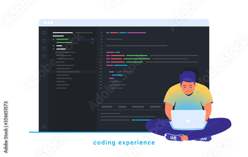 Coding experience and software development. Flat line vector illustration of cute man sitting in lotus pose with laptop and working. Abstract css script language on screen isolated on white background