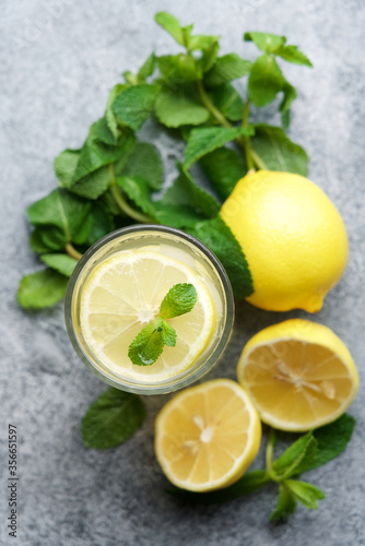 Lemonade with lemon, mint and ice. Classic refreshing summer drink