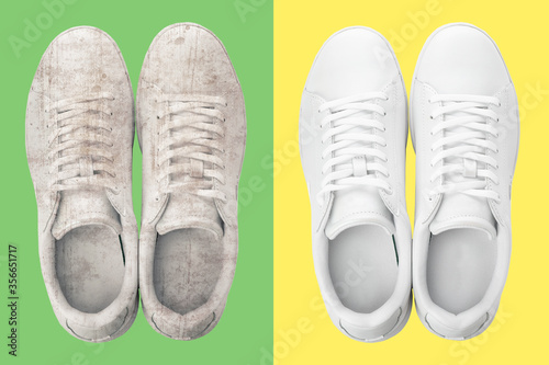 Pair of trendy shoes before and after cleaning on color backgrounds, top view