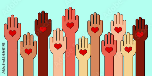 Hands Raised Multi Racial with heart shape,  charity and donation share your love