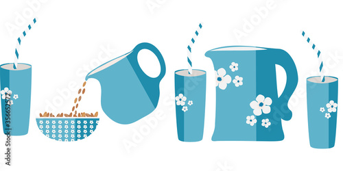 Almond milk vector seamless border. Banner of pretty blue bowls and jugs pouring healthy nuts into a glass. Fresh hand drawn conceptual design for dairy alternative , nutrition. Great for print