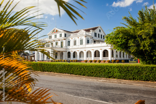 PARAMARIBO, SURINAME - OCTOBER 4, 2018: Facade of presidential palace of the republic of Suriname