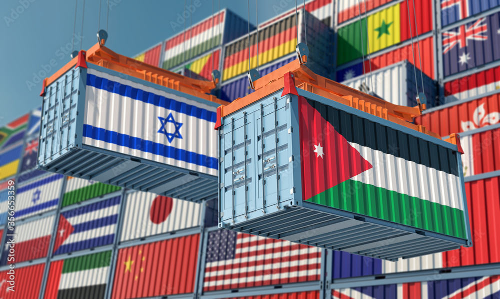 Freight containers with Israel and Jordan flag. 3D Rendering 