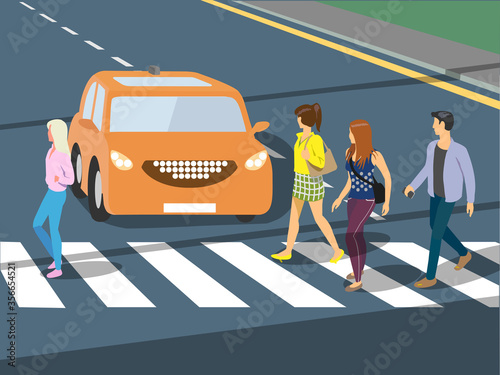 Foto 1 Futuristic self driving smiling car waiting when pedestrians crossing road on crosswalk