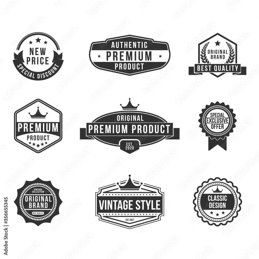 Vintage premium product flat badges set. Retro design for exclusive shields, discount stamps and classic logos vector illustration collection. Organic food and summer concept