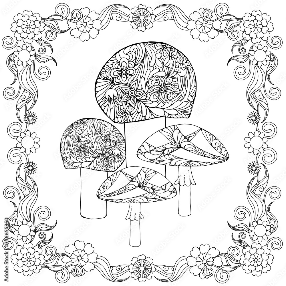 Mushroom doodle in floral frame art monochrome design stock vector illustration for web, for print Mushroom doodle in floral frame art monochrome design stock vector illustration for web, for print