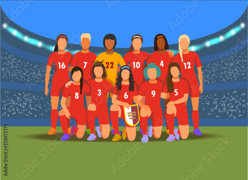 Women's football team  before match on modern stadium background. Vector illustration