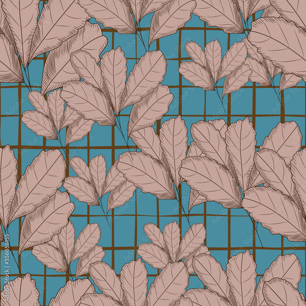 Vintage autumn leaf seamless pattern on green background. Tree leaves backdrop. Autumn floral wallpaper. Retro illustration.