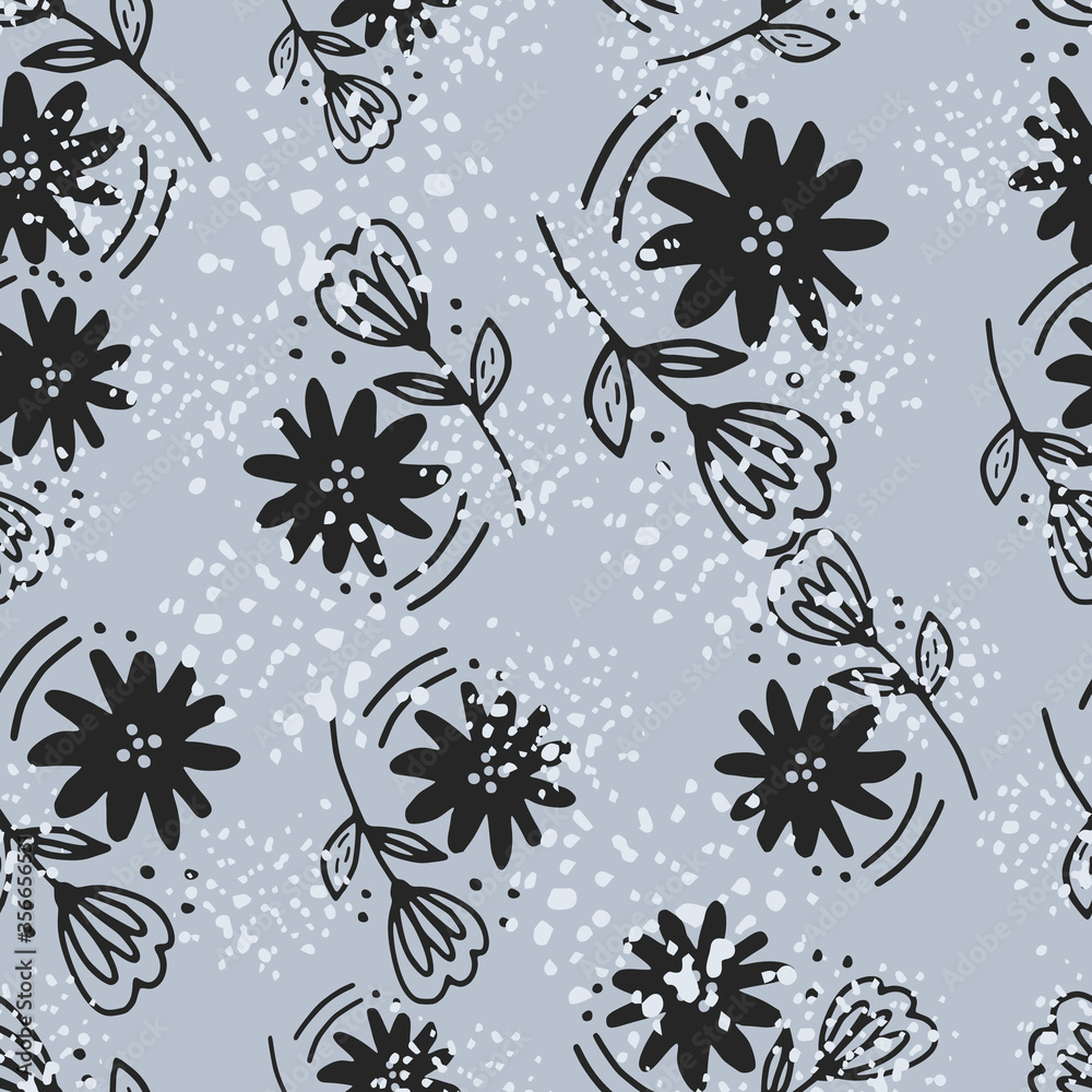 Doodle black flower seamless pattern in line art style. Abstract floral wallpaper.