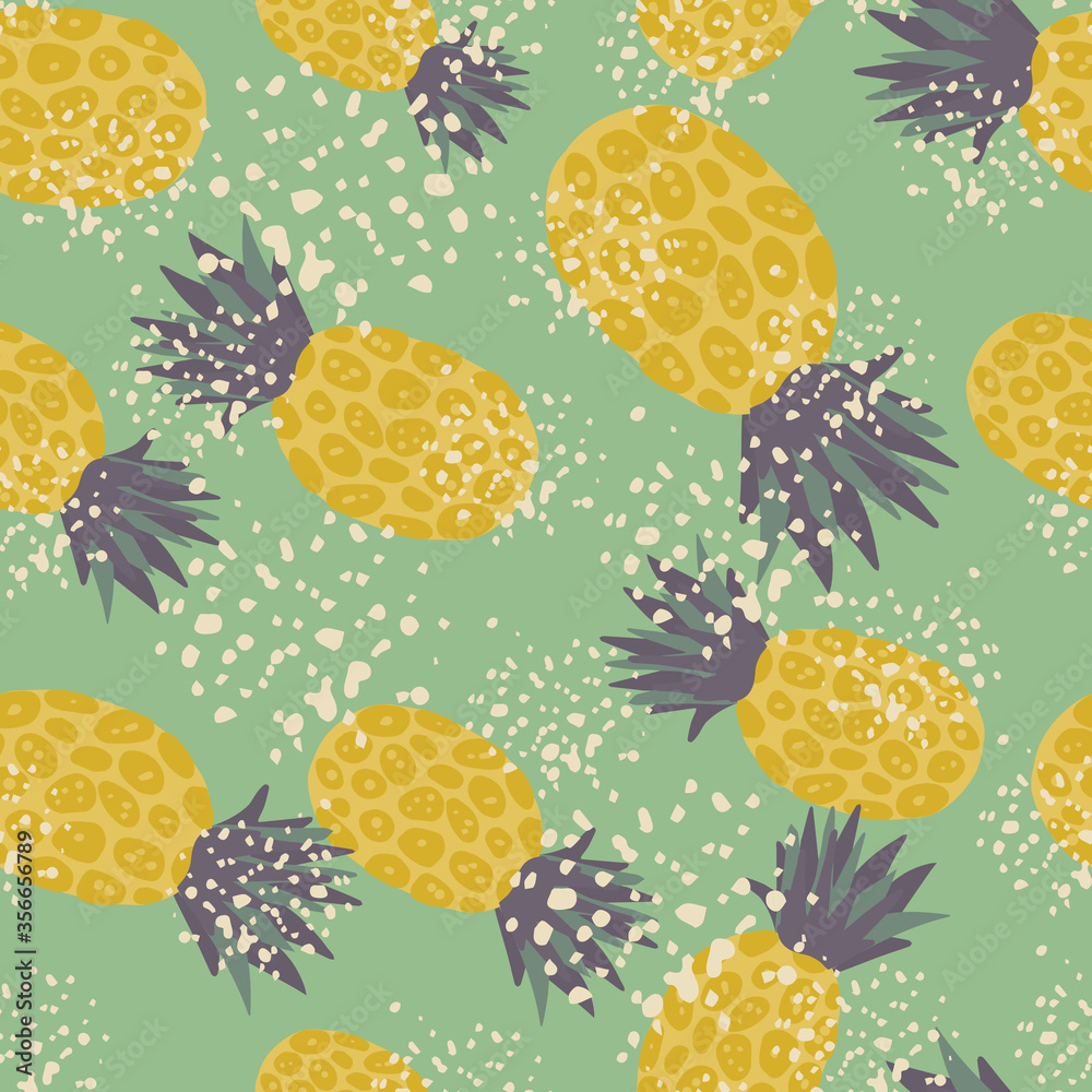 Exotic tropical fruits wallpaper. Grunge pineapple seamless pattern on green background.