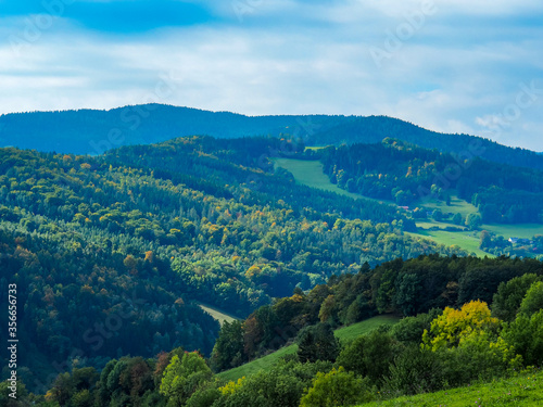 Fototapeta Naklejka Na Ścianę i Meble -  Green Landscape Scene Against A Cloudy Blue Sky