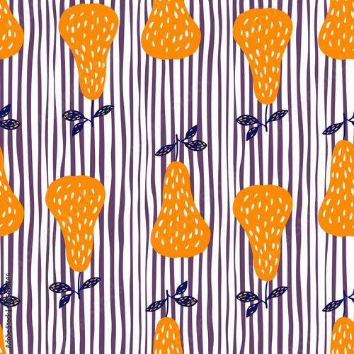 Doodle yellow pears seamless pattern on line background. Summer juicy fruit wallpaper.