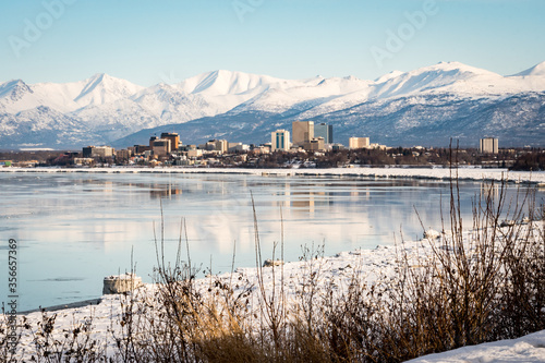 Canvas Print Scenic, panoramic view of downtown Anchorage from Point Woronzof Park while following Tony Knowles Coastal Trail