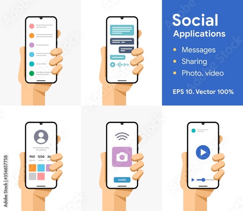Online message, chat, share, photo, video, pictures. Communication via smartphone. Phone in user hand. Social media application. EPS 10