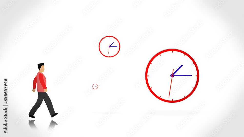 Illustration of clock arrows walking fast clockwise over white backgroundand man character walking with it on the side. Time passing concept.