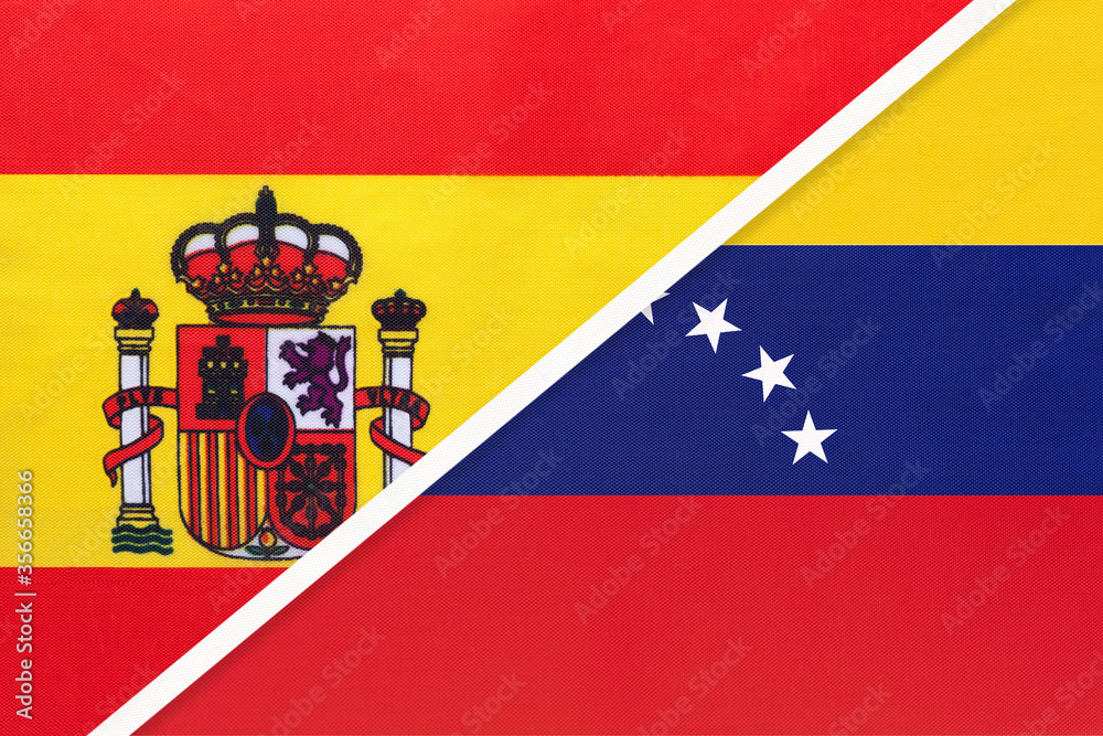 Obraz premium Spain and Venezuela, symbol of two national flags from textile. Partnership between European and American countries.
