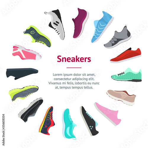 Cartoon Color Different Sneakers Shoes Banner Card Circle. Vector