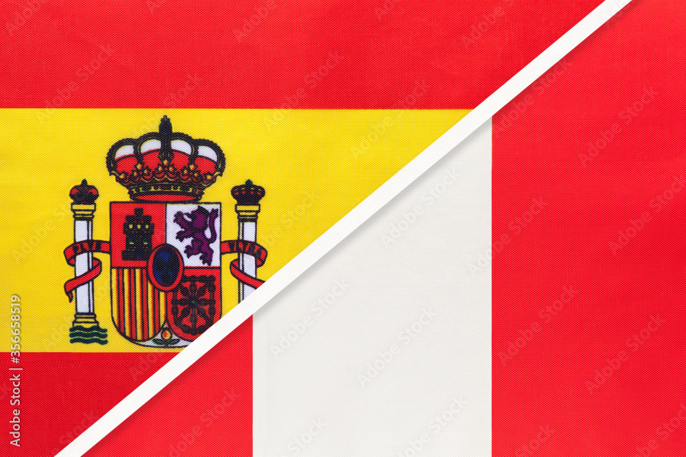Spain and Peru, symbol of two national flags from textile. Partnership between European and American countries. Spain and Peru, symbol of two national flags from textile. Partnership between European and American countries.