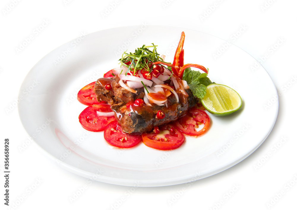 Mackerel fish in tomato sauce spicy salad Mackerel fish in tomato sauce spicy salad
