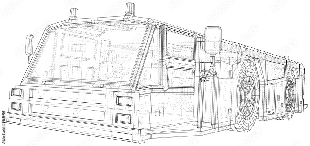 Tow truck. Vector Wire-frame isolated transport in airport on background. Vector rendering of 3d. Tow truck. Vector Wire-frame isolated transport in airport on background. Vector rendering of 3d.
