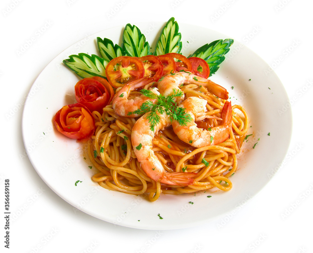 Spaghetti Bolognese with tomato sauce and shrimp decorate carved cucumber and skin tomato style traditional Italian cuisine fusion food side view isolated on white background Spaghetti Bolognese with tomato sauce and shrimp decorate carved cucumber and skin tomato style traditional Italian cuisine fusion food side view isolated on white background