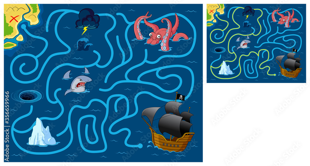 Help the pirate ship find the way to the island.  Maze game. Cartoon vector illustration. Education game for children.