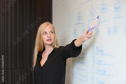 businesswoman pointing at whiteboard, Creative Beautiful Woman Draws on a Whiteboard. She explaining  topic of chart. 