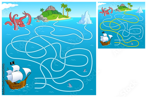 Help the pirate ship find the way to the island.  Maze game. Cartoon vector illustration. Education game for children.