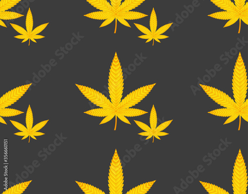 Golden marijuana on a black background. Seamless texture.