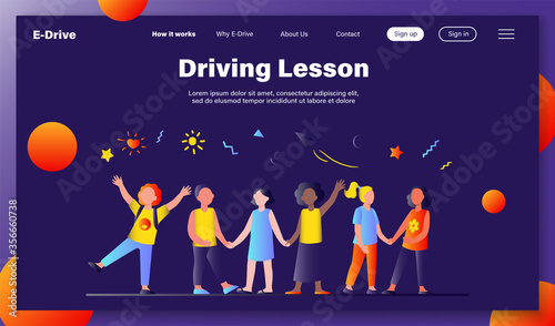 Diverse group of children in kindergarten. Team of African American, Asian, Caucasian boys and girls standing together. Vector illustration for international school, classmates, friendship concept