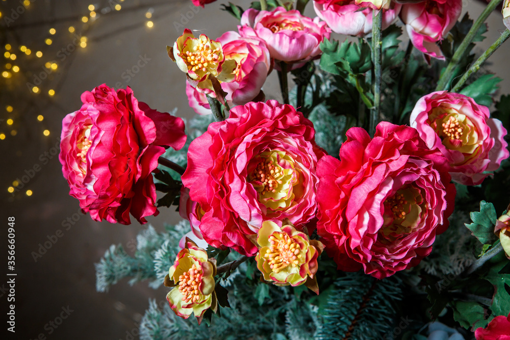 top view closeup exquisite bouquet made from large artificial red peonies top view closeup exquisite bouquet made from large artificial red peonies