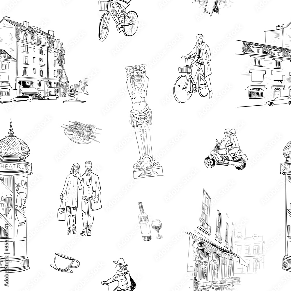 Seamless pattern landmarks and cafes of France. Place mat template design. Hand drawn sketch vector illustration. 