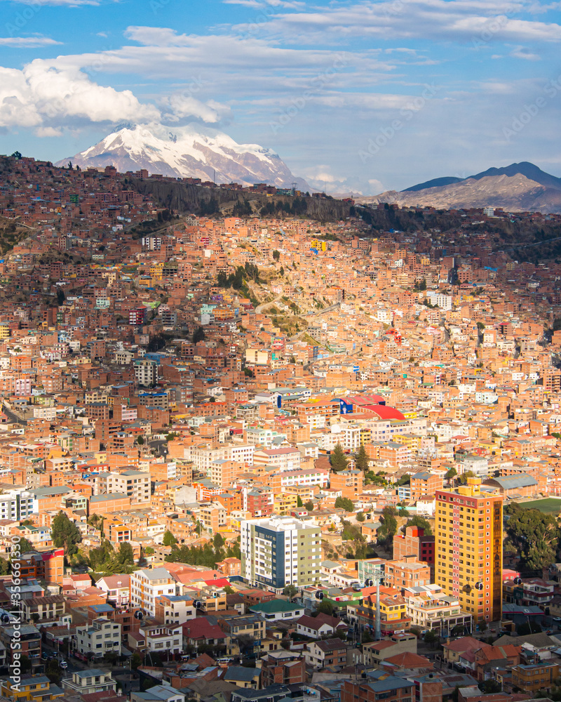 Aerial View of La Paz, Bolivia in the snowy Andean Mountains