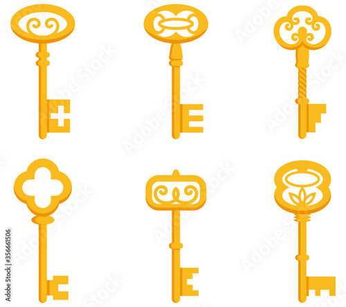 Set of vintage keys. Gold keys in cartoon style.