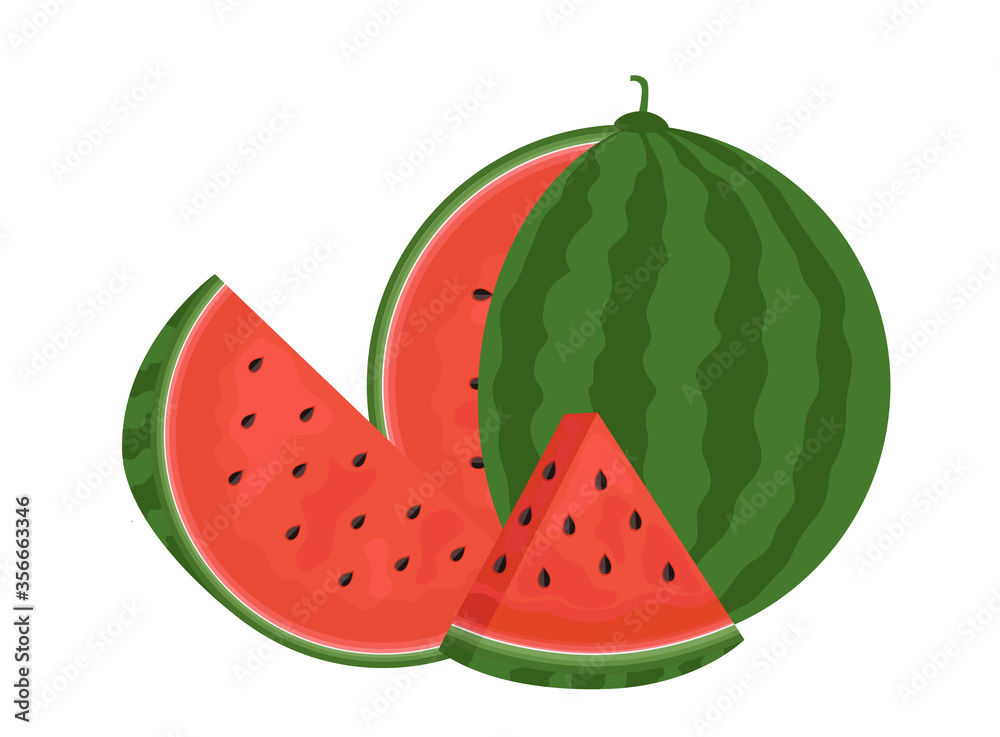 Concept of watermelon and juicy slices. Flat style. Vector illustration on a white background. Concept of watermelon and juicy slices. Flat style. Vector illustration on a white background.
