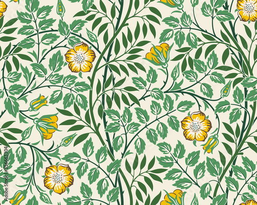 Vintage floral seamless pattern background with yellow roses and foliage on light background. Vector illustration. photo