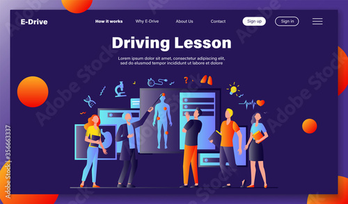 Senior professor lecturing students group in classroom. Grey haired doctor pointing at body silhouette, explaining human anatomy. Vector illustration for education, conference, class, medicine concept