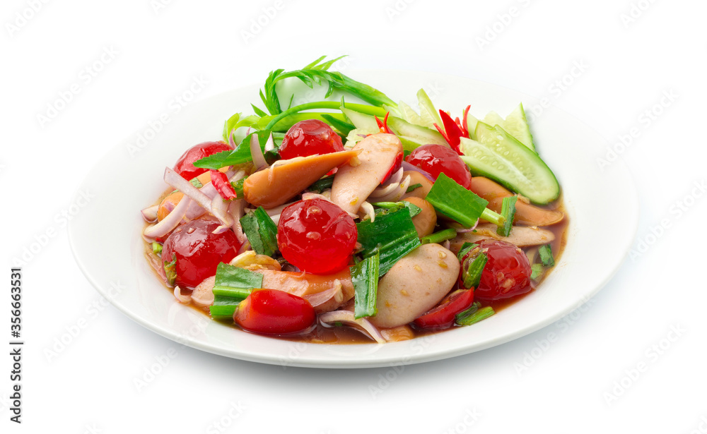 Spicy Salad Egg Yolks with Pork Saucesage and vegetable Spicy Salad Egg Yolks with Pork Saucesage and vegetable