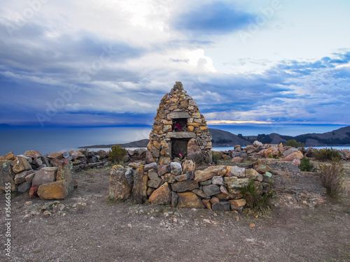 Stack of Prayer Stones on Isla del Sol  Lake Titicaca  Bolivia  South America