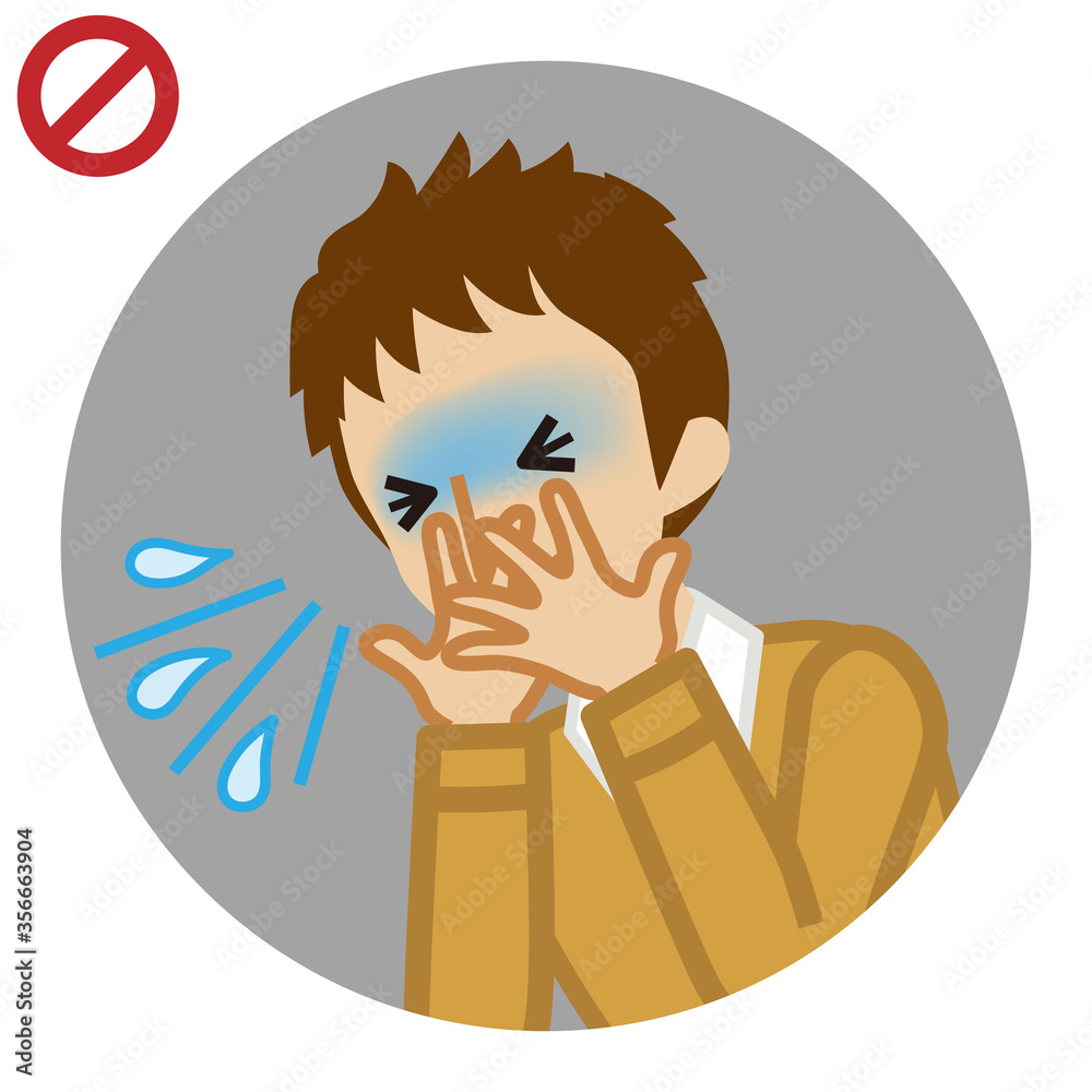 Coughing male student covered mouth by hands - circular icon , cartoon style