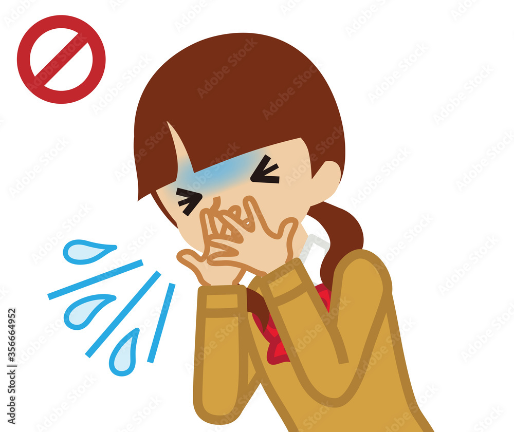 Coughing female student covered mouth by hands - waist up , cartoon style Coughing female student covered mouth by hands - waist up , cartoon style