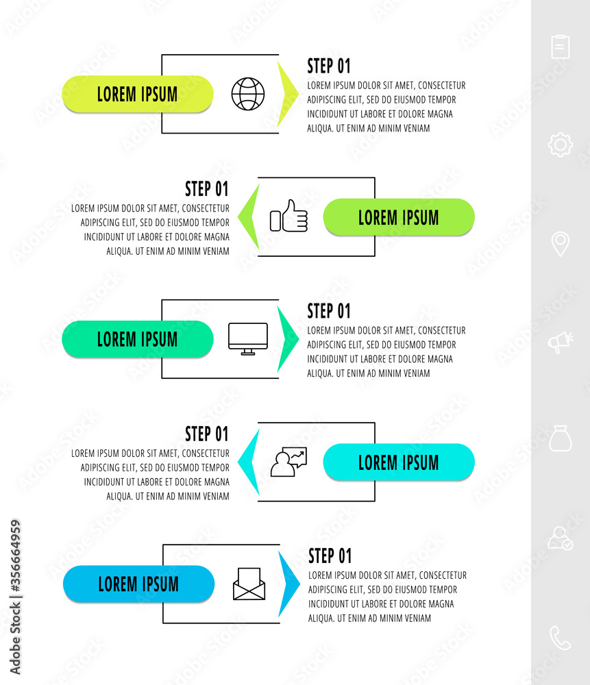 Naklejka premium Vector infographics design template with arrows. Five steps. Modern line concept can be used for diagram, business, web, banner, flow chart, info graph, timeline, content, levels. Data visualization.