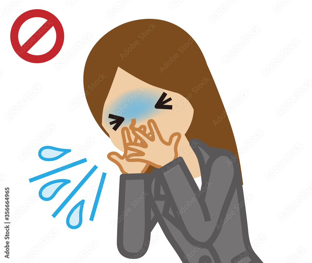 Coughing businesswoman covered mouth by hands - waist up , cartoon style Coughing businesswoman covered mouth by hands - waist up , cartoon style